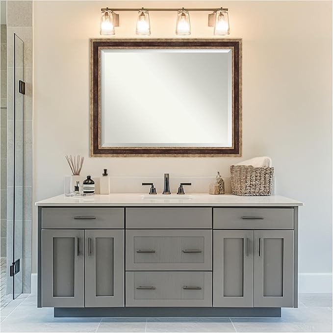 Amanti Art Bronze Bathroom Mirror for Over Sink, 36x46 Ridge Light Bronze Rectangle Vanity Mirror, X-Large Traditional Frame, Hangs Horizonally and Vertically, Bathroom Wall Decor, Beveled Edge