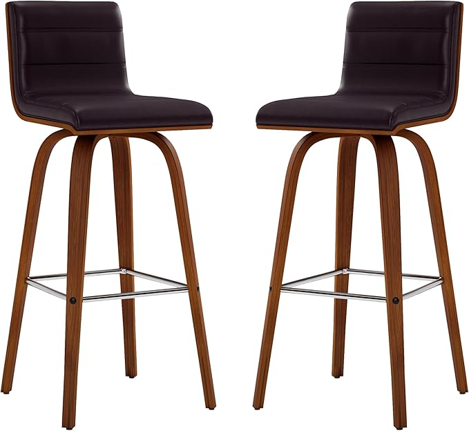 Vienna 30" Swivel Bar Stool in Walnut Wood Finish with Brown Faux Leather - Set of 4