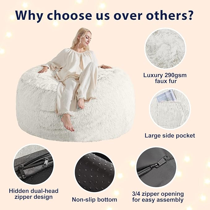 Giant Bean Bag Covers Only, Fluffy Stuffed Beanbag Chair Covers No Filler, Washable Bean Bags Cover for Adults, Stuffed Animal Bean Bag Anti-Slip, 6FT, White