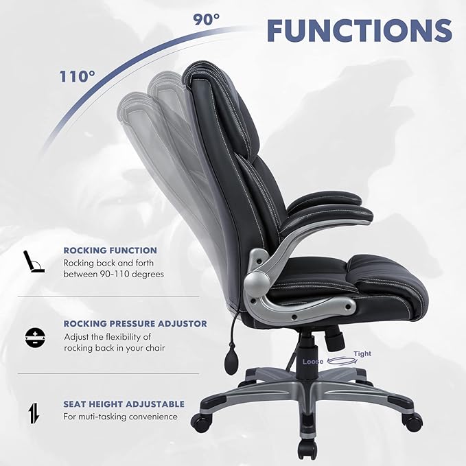 COLAMY High Back Executive Office Chair- Ergonomic Home Computer Desk Leather Chair with Padded Flip-up Arms, Adjustable Tilt Lock, Swivel Rolling Chair for Adult Working Study-Black