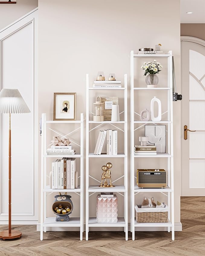 Ladder Shelf, Bookshelf Bookcase, Freestanding Corner Storage Shelve with 2 Hooks for Home Office, Living Room, Kitchen, Bedroom, Industrial, 4-Tier White BC13213W