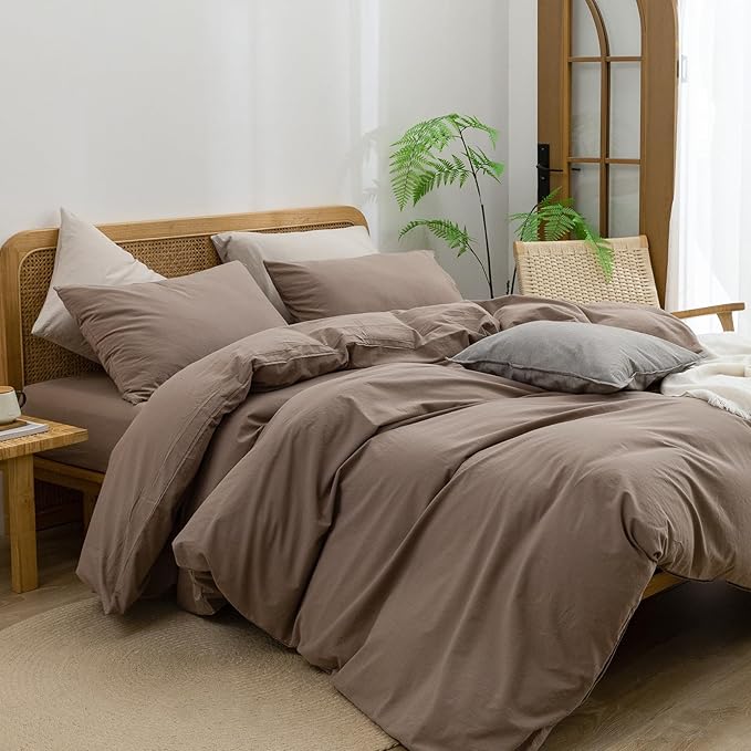 BESTOUCH Duvet Cover Set 100% Washed Cotton Linen Feel Super Soft Comfortable Chic Lightweight 3 PCs Home Bedding Set Solid Pine Bark Brown Full/Double