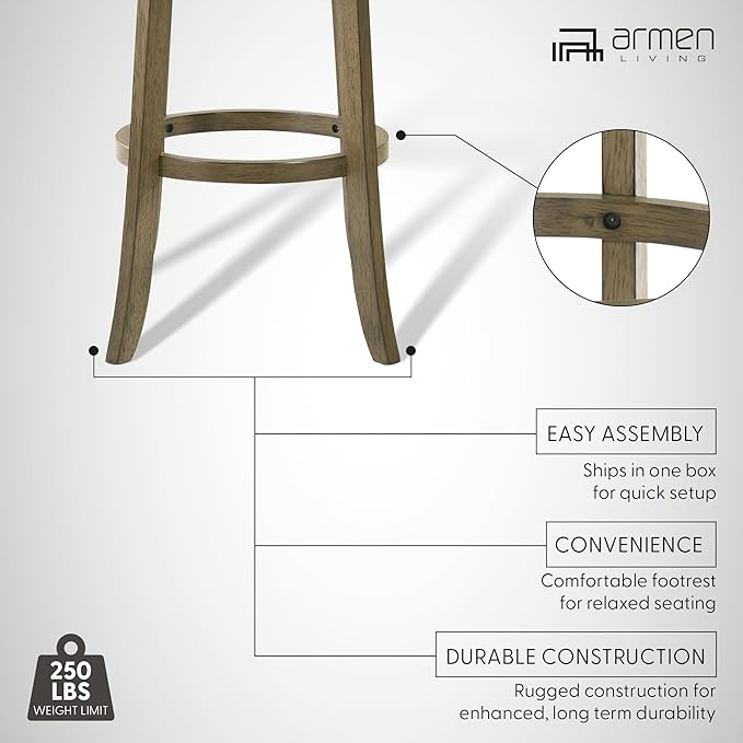 Armen Living Blair 30 in. Putty Brown Bar Height Rubberwood Swivel Barstool with Cream Fabric Seat