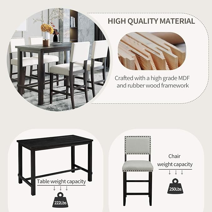 Ball & Cast 5 Piece Dining Table Set,4 Upholstered Chairs with Curved Backrests,Wooden Living Room Furniture W/ 52" Rectangle Kitchen Desk,for Restaurant,Home Bistro,Espresso and Beige