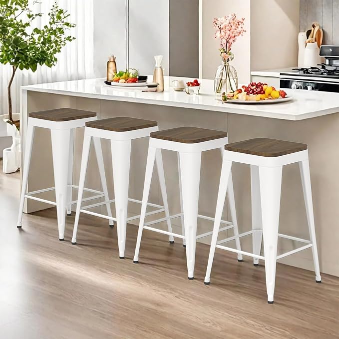 26 inch Backless Bar Stools Set of 4, Indoor Metal Bar Stools with Wood Seat, Industrial Counter Height Barstools for Kitchen Island, White