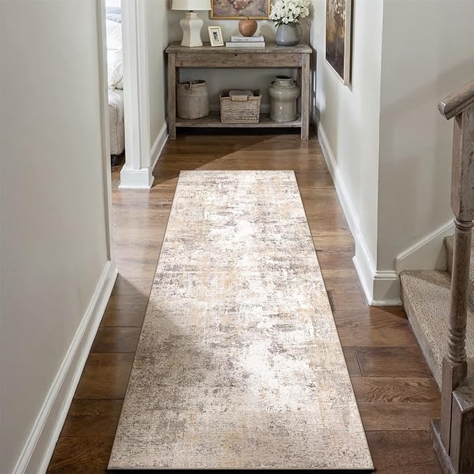 3x7 Washable Runner Rug Beige Grey Neutral Abstract Hallway Kitchen Living Room Bedroom Non Slip Throw Rug Soft Low Pile Indoor Carpet for Entrance Laundry Bathroom