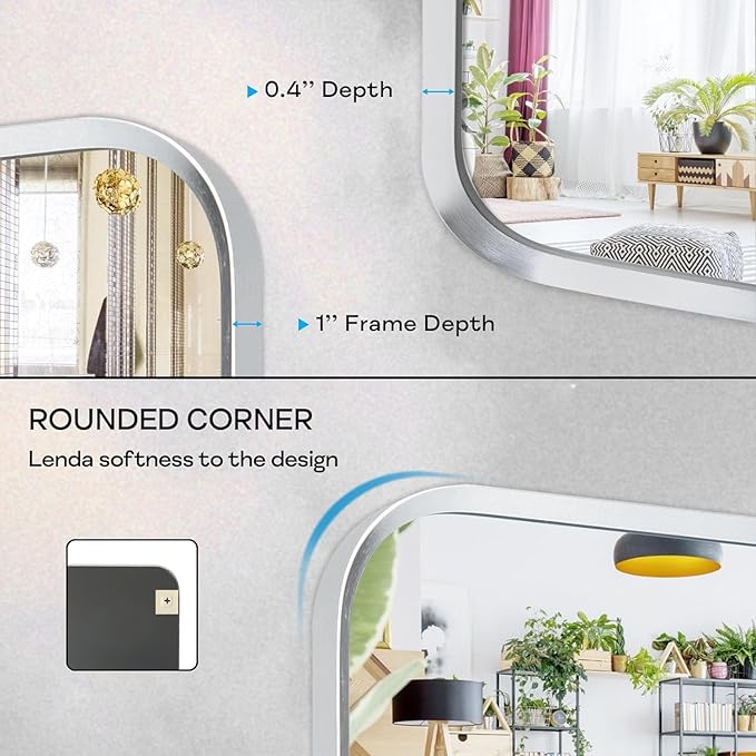 Brushed Nickel Bathroom Wall Mirror, Silver Metal Framed Large Rounded Corner Rectangle Mirror, Tempered Glass, Shatter Proof, Hangs Horizontally or Vertically (30" x 48", Silver)