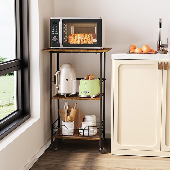 Microwave Cart with Storage, 3-Tier Rolling Kitchen Stand with Wire Basket, Wood and Metal Utility Cart on Wheels, Coffee Bar Station, Small Baker’s Rack As Kitchen Island, Microwave Shelf Organizer