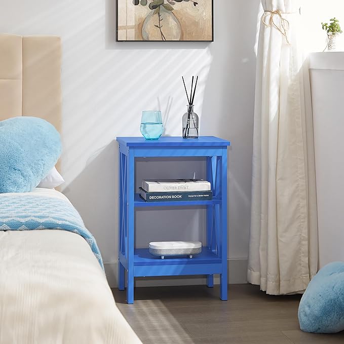 VECELO End Table Set of 2, Bedside Table, 24" Tall Living Room End Tables, X-Design Reinforced Nightstands, Side Table with 3-Tier Storage Shelves for Small Spaces, Office, Bedroom, Dark Blue