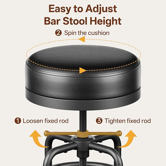 Adjustable Height Swivel Bar Stool, 22-29 Inch Industrial Vintage Bar Counter Height Stool with Thicken Premium Bonded Leather Seat & Updated Footrest, Easy Assembly, Black
