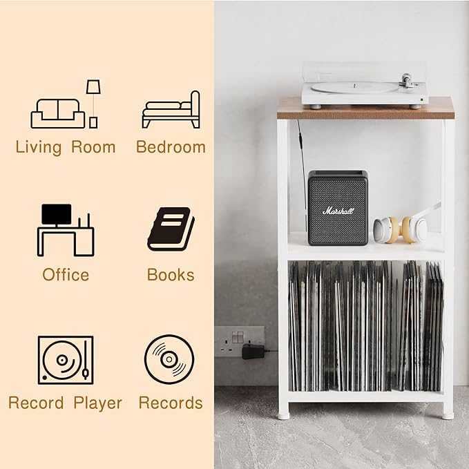 End Table with LED Light,Record Player Stand with Albums Storage,Vinyl Records Storage,Turntable Stand Side Table for Music Room Studio Living Room Bedroom-White
