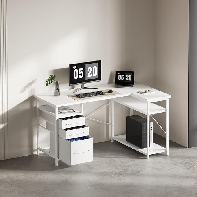 47" Computer Desk with Drawers, Desks for Bedrooms, Writing Desk with Storage, Work Desk for Small Space, White