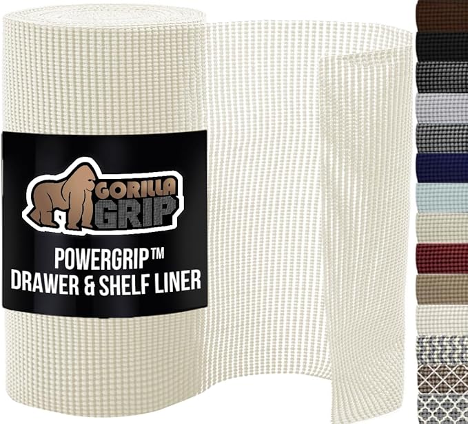 GORILLA GRIP powerGRIP Drawer Shelf and Cabinet Liner, Thick Strong Hold, Non-Adhesive Liners Protect Kitchen Cabinets and Cupboard, Bathroom Drawers, Easy Install, Breathable Mat, 12" x20' Snow White