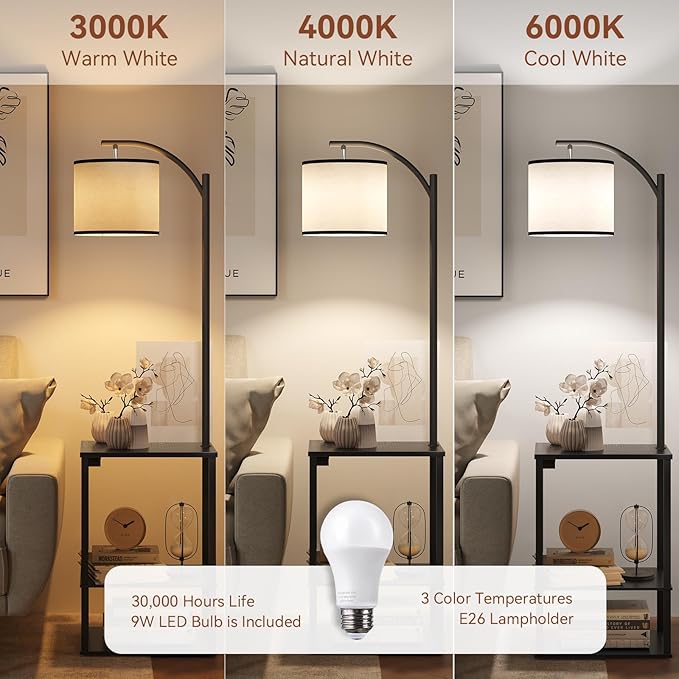 SUNMORY Floor Lamp with Table, End Table for Living Room with Lamp, Shelves Side Table with Charging Station(USB & AC Port), 3 Color Temperature LED Bulb, Modern Nightstand Lamp for Bedroom, Office