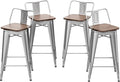 24 Inch Swivel Bar Stools Set of 4 with Backs Counter Height Industrial Metal Barstools Island Bar Chairs for Home Kitchen Dining Room (Swivel 24 inch, Silver Wooden)