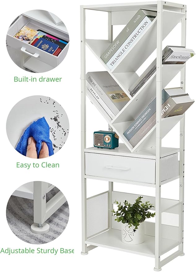 Bookshelf with Drawer,8 Tier Tree Bookcase Retro Floor Standing Bookshelves,Tall Wood Bookcases with Cabinet Storage Organizer for Living Room, Bedroom & Home Office, White