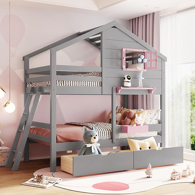 Ball & Cast Twin Over Twin Size Bunk Bed with 2 Drawers and 1 Storage Box,Playhouse Wood Bunkbed w/Window & 1 Shelf,Slat Support,Space Saving,Bedroom Furniture for Student Dorms,Gray