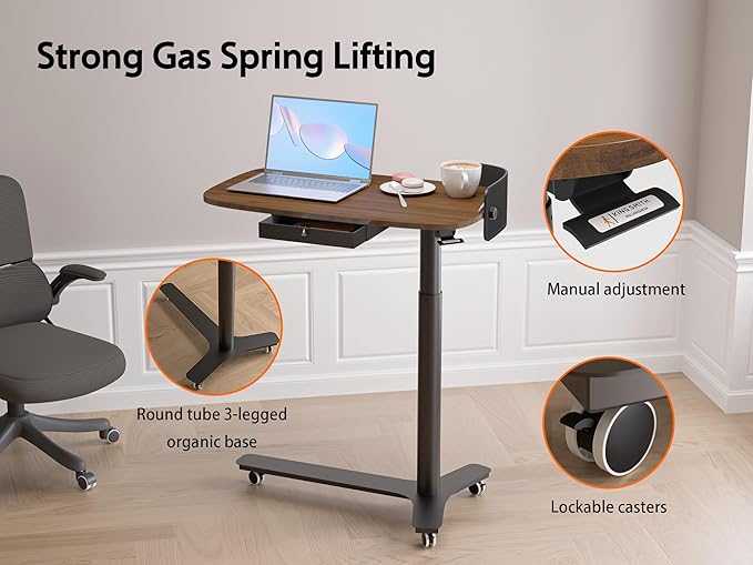 Rolling Adjustable Height Desk with Drawer and Wheels, Portable Small Standing Desk Pneumatic for Home Office, Mobile Computer Laptop Desk Cart, Medical Sofa Overbed Table, Black Walnut