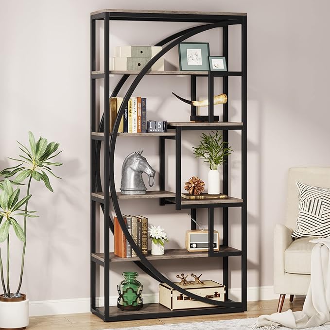 Tribesigns Bookshelf, Industrial 5-Tier Etagere Bookcase, 70.8 inch Tall Bookshelf with 8 Open Storage Shelf, Book Shelf Display Tack Shelving Unit for Home Office Living Room, Vintage Grey