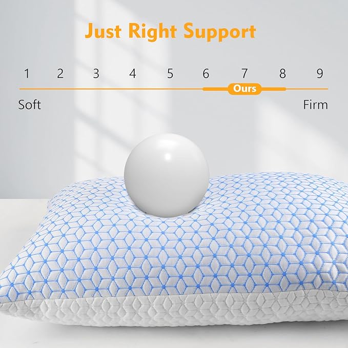 Bed Pillow Queen Size 1 Pack, Shredded Memory Foam Pillow Adjustable，Cooling Pillow Soft and Supportive for Side Back Stomach Sleepers