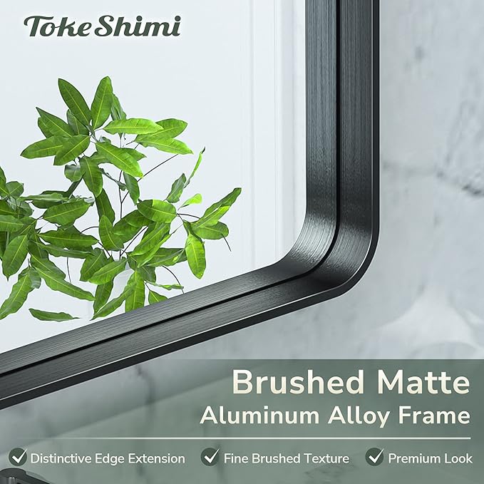 TokeShimi 48 x 30 Inch Wall Mirror Black Bathroom Vanity Mirror with Metal Frame Aluminum Alloy Soft Rounded Corner for Modern Farmhouse Wall Decor 1”Deep Set Design (Horizontal/Vertical)