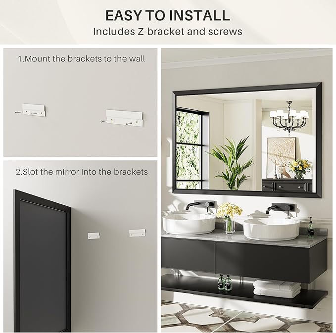 55x36 Inch Black Bathroom Mirror for Wall, Thick Metal Framed Rectangle Mirrors for Over Sink, Bedroom, Living Room, Entryway, Anti-Rust, HD Tempered Glass
