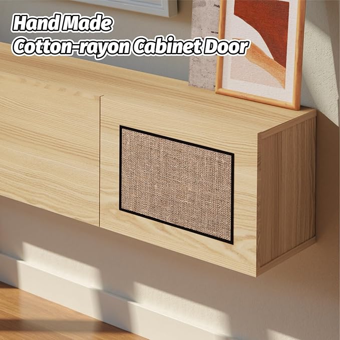 Pmnianhua Boho Floating TV Stand 55", Modern Wall Mounted Media Console with Cotton-Rayon Doors for Under TV Shelf,Entertainment Center,Living Room,Bedroom(Natural)