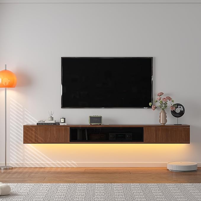 High Gloss Floating TV Stand,55'' Wall Mounted TV Console,Under TV Floating Shelf,Floating TV Cabinet with 3 Doors for Bedroom Living Room(Walnut)