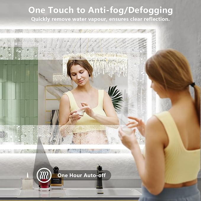 66x40 Inch LED Bathroom Mirror with Lights Front and Backlit Lighted Vanity Mirror for Bathroom Wall with 3 Colors Dimmable Anti-Fog Memory Shatter-Proof IP54 Waterproof Horizontal/Vertical
