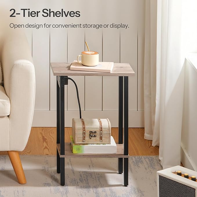 HOOBRO Small End Table with Charging Station, Set of 2, Narrow Side Table with USB Port and Outlets, Skinny Sofa Table, Slim Nightstand, Living Room, Bedroom, Greige and Black BG240UBZP201