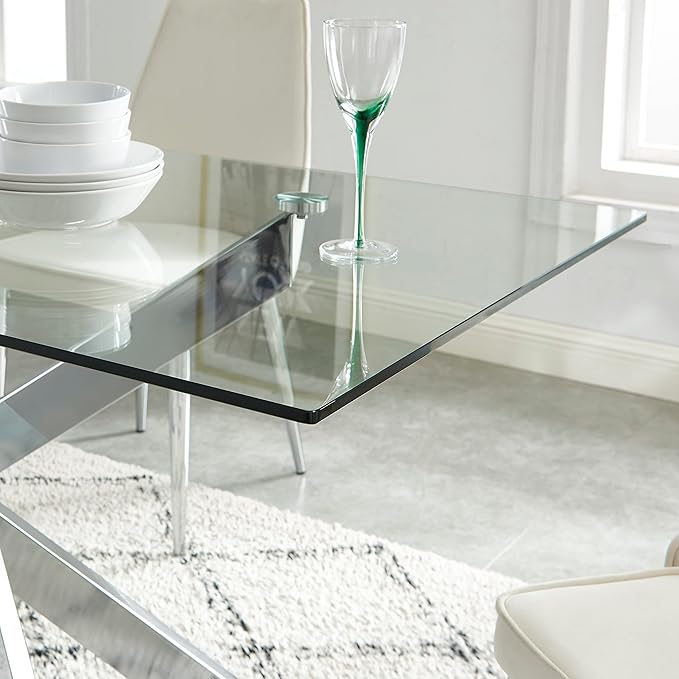 Edwin's Choice 58.5” Rectangle Glass Dining Table, Tempered Glass Tabletop and Metal Tubular Legs, Modern Style Table for Home, Kitchen, Dining Room 58.5”Lx29”Wx30”H, Silver