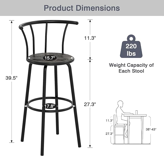VECELO Bar Stools Set of 2, Swivel Counter Stools with Backrest, Bar Height Stools for Dining Room, Kitchen Island, Pub, Easy Assembly, Dark Grey