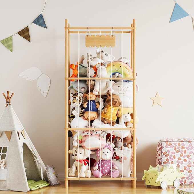 SpaceAid Stuffed Animal Storage Organizer, Wood Animals Zoo Toy Plushies Storage Holder, Large Capacity Plush Toy Cage for Playroom Organization, 22.8" Wide, Natural