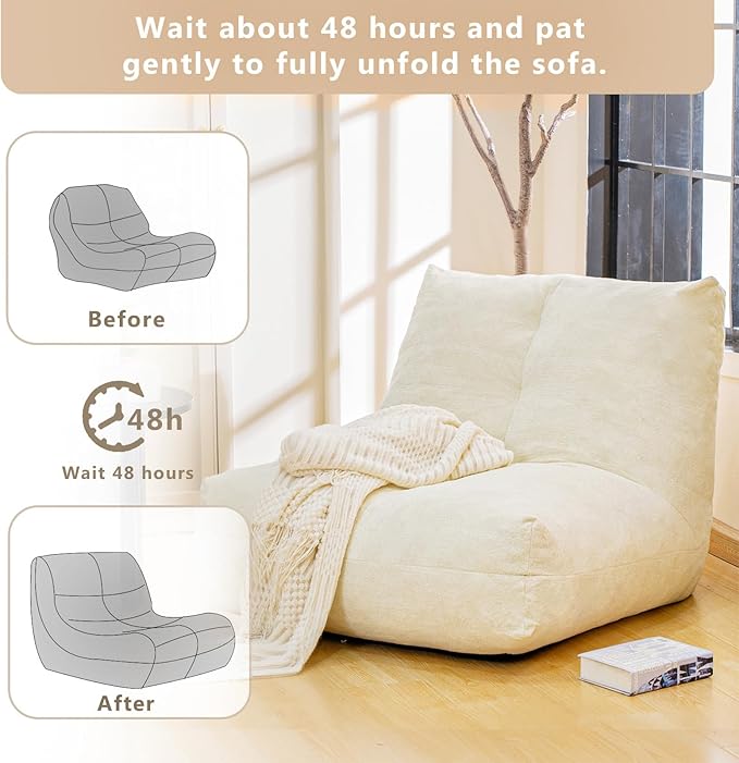 Bean Bag Chairs for Adults, Memory Foam Bean Bag Chair, Spacious Single Sofa, Ergonomic Support Reading Floor Sofa Chair with Filler, Comfy Cozy Beanbag Couch for Bedroom Living Room (Beige)