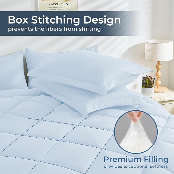 HEVUMYI Light Blue King Comforter Set - 7-Piece All Season Bed in a Bag King, Ultra Soft Bedding Set with Comforter, Flat Sheet, Fitted Sheet, Pillowcases, Pillow Shams