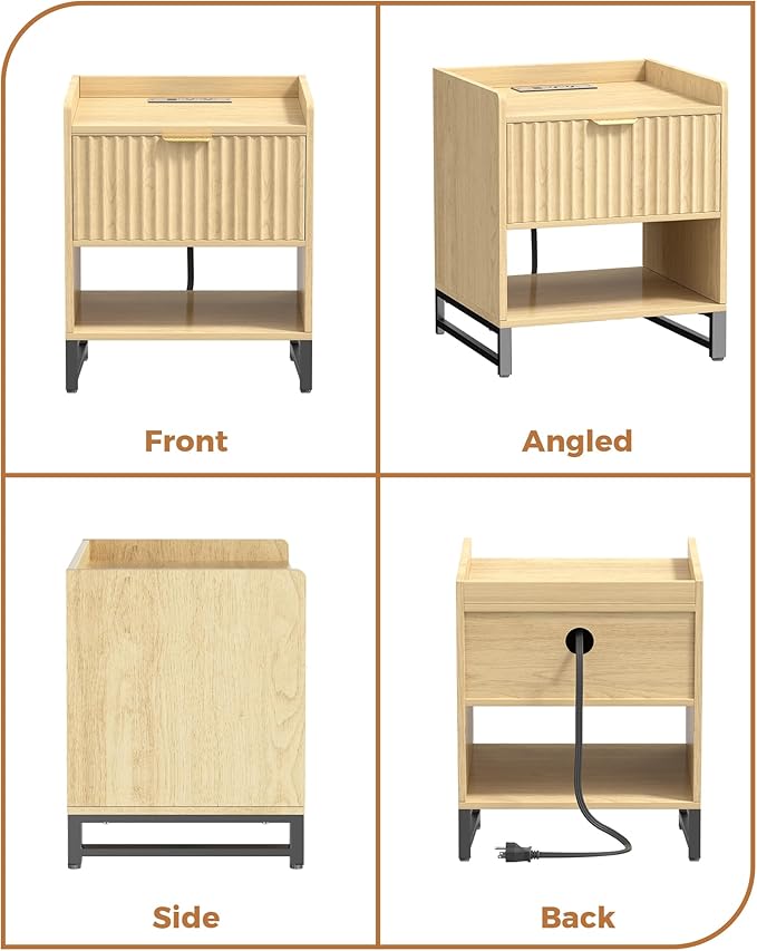 Fluted Night Stand Set 2 with Charging Station, Wood Nightstand with Large Drawer and Open Storage Cabinet, Mid-Century Modern Bedside Table End Table for Bedroom Closet Office