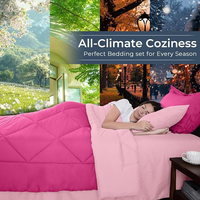 HEVUMYI Hot Pink & Baby Pink Queen Comforter Set - 7-Piece All Season Bed in a Bag Queen, Ultra Soft Bedding Set with Comforter, Flat Sheet, Fitted Sheet, Pillowcases, Pillow Shams