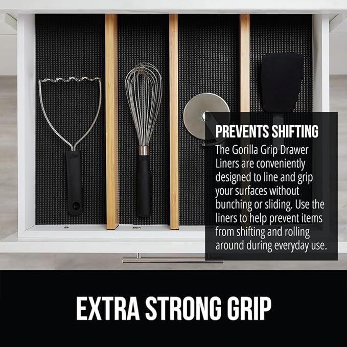 GORILLA GRIP powerGRIP Drawer Shelf and Cabinet Liner, Thick Strong Hold, Non-Adhesive Liners Protect Kitchen Cabinets and Cupboard, Bathroom Drawers, Easy Install, Breathable Mat, 12" x10', Black