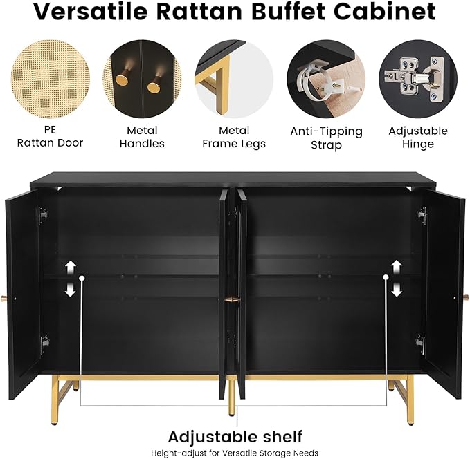Sideboard Buffets Cabinet with 4 Rattan Doors, Large Storage Accent Cabinet Credenzas Modern Console Table for Living Room, Kitchen (Black)