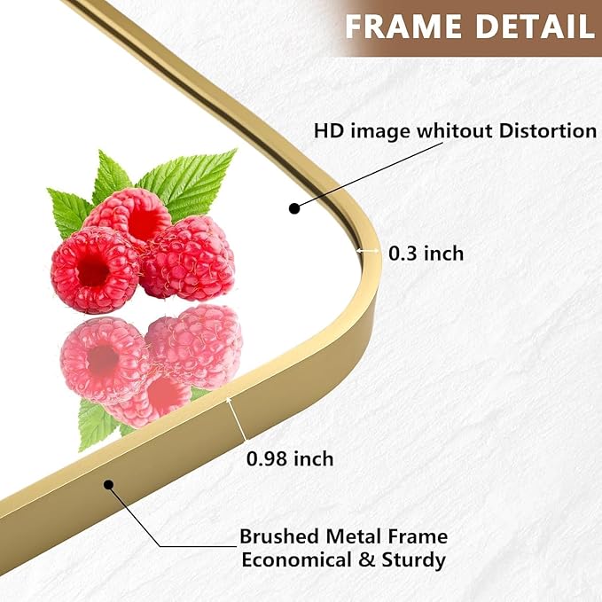 Brushed Gold Mirror, 48"x30" Rectangle Bathroom Mirror, Metal Frame Rectangle Corner Vanity Mirror, Wall Mounted Mirror for Modern, Living Room, Bedroom, Horizontal Or Vertical