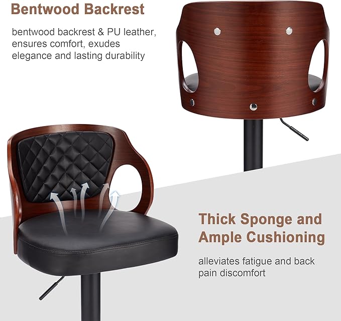 VECELO BarStools Set of 2,Counter Height Stools with Bentwood Back&Arm, Swivel Barstools,PU Leather Kitchen Island Stools, Adjustable Height Bar Chairs for Club Pub Dining Room,Black