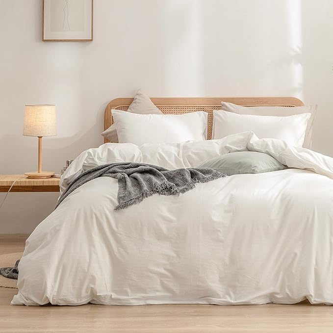 BESTOUCH Duvet Cover Set 100% Washed Cotton Linen Feel Super Soft Comfortable Chic Lightweight 2 PCs Home Bedding Set Solid Off White Twin/Twin XL
