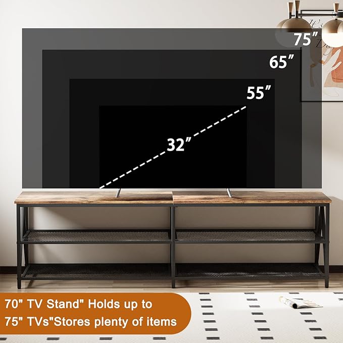 TV Stand for TVs up to 75 Inch, 70" Long Industrial TV Console Table with 3-Tier Storage Shelves, Entertainment Center for Living Room, Bedroom (Rustic Brown)