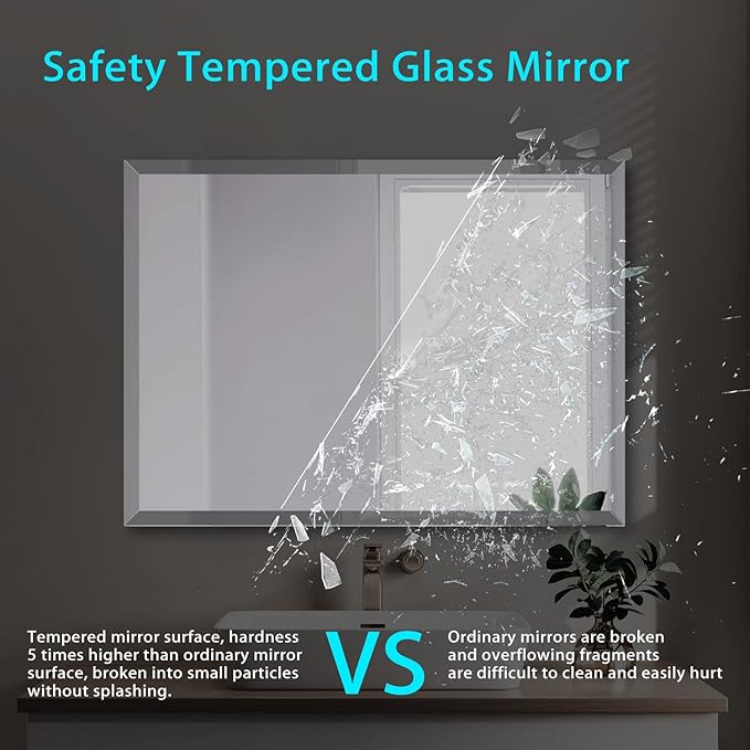 32x40 Inch Bathroom Mirror Frameless Beveled Edge Rectangle Wall Mirror Explosion Proof and Shatterproof Bathroom Vanity Mirror Wall Mounted Hang Firmly (Horizontal or Vertical)
