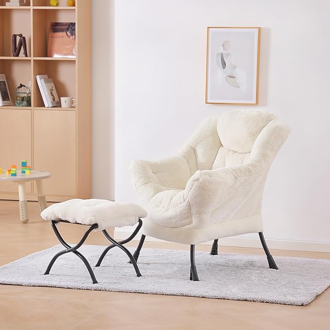 Plush Lazy Chair and Ottoman, Large Contemporary Accent Lounge Chair with Armrests and a Side Pocket, Modern Leisure Upholstered Sofa Reading Armchair with Footrest for Bedroom, Living Room
