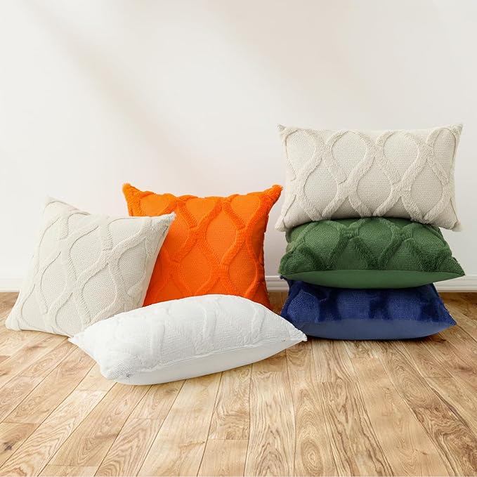 decorUhome Fall Throw Pillow Covers 20x20 Inch Set of 2, Soft Plush Faux Fur Wool Orange Couch Pillow Covers, Decorative Neutral Pillow Cases for Bed Sofa Living Room Home Decor