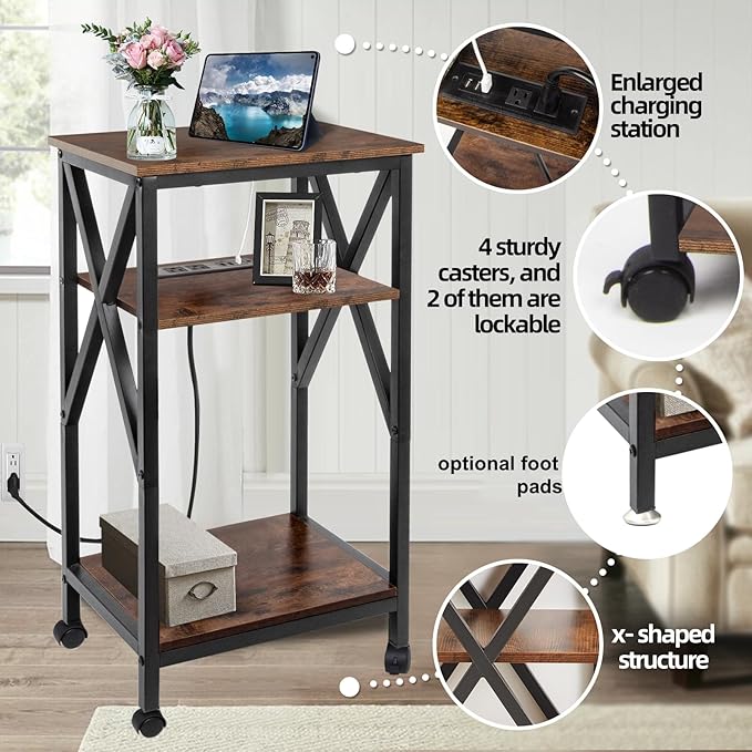 End Table with Charging Station, End Tables Living Room Set of 2 Farmhouse, 12" D x 16" W x 28" H, 28 inch Tall Side Tables, Rustic Wood End Tables, Couch Side Tables Set of 2