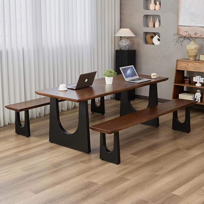 Walnut Color Long Bench Solid Wood Top Metal Legs U-Shaped Design Durable Sturdy Dining Bench Ideal for Office Home Restaurant Patio Multiple (Bench, 70.87in)