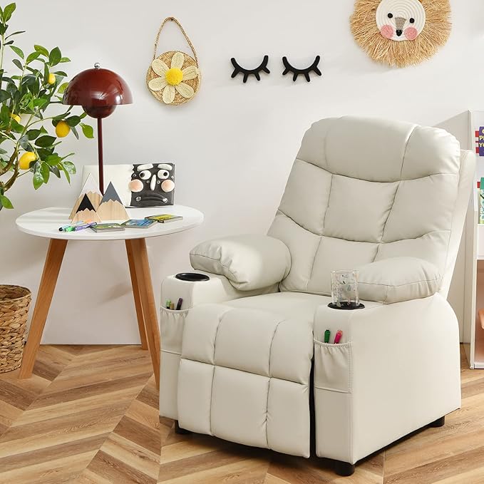 Costzon Kids Recliner Chair with Cup Holder, Adjustable Lounge Chair w/Footrest & Side Pockets for Children Boys Girls Room, Ergonomic Toddler Furniture Sofa, Kids Recliner (Beige)