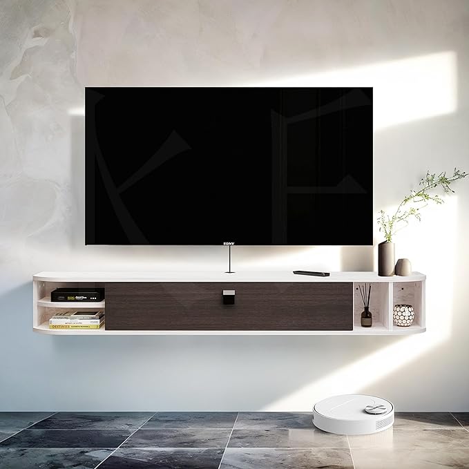 Pmnianhua Floating TV Stand,47'' Under TV Shelf,Floating TV Console,Wall Mounted TV Cabinet,Floating Entertainment Center with Storage for Bedroom Living Room(Gray-White)